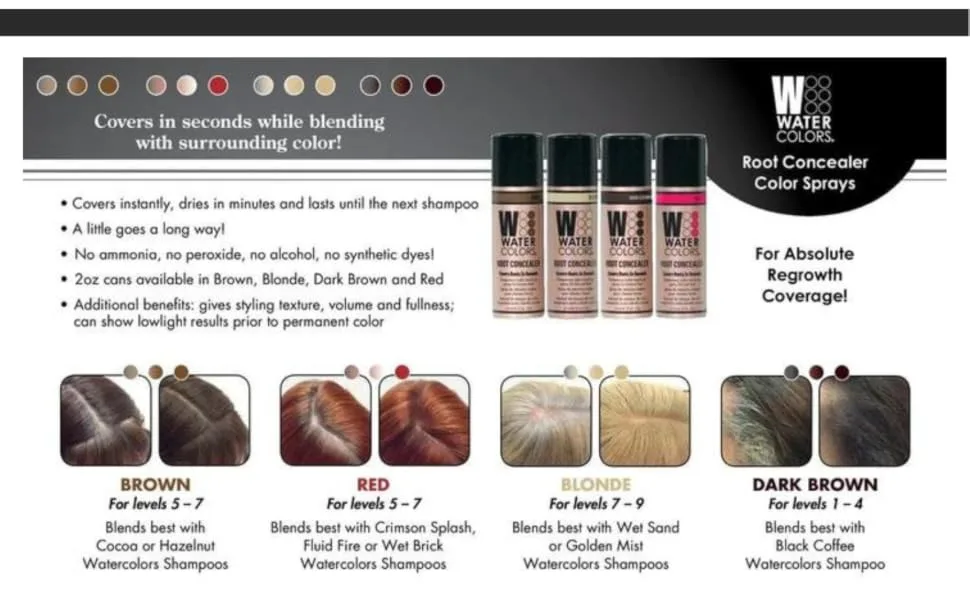 WATERCOLORS ROOT CONCEALER TOUCH-UP, TEXTURE, VOLUME SPRAY. Professional Salon Quality Cover Up for gray roots and regrowth -2oz BROWN ROOT CONCEALER - Root concealer touch up spray, sulfate free, cover up grey, dry shampoo, style edit, color wow