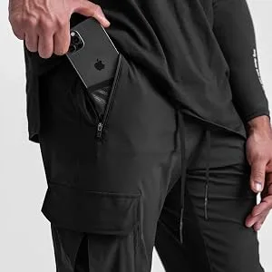 ZACAGO Men's Lightweight Cargo High Rib Jogger Slim Fit Workout Pants with Zip Pockets Large Black - Mobile phone pocket