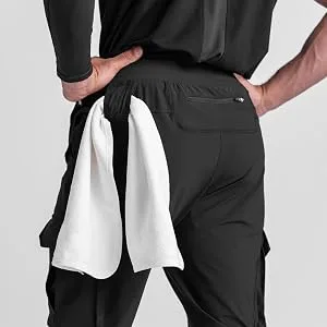 ZACAGO Men's Lightweight Cargo High Rib Jogger Slim Fit Workout Pants with Zip Pockets Large Black - Towel ring