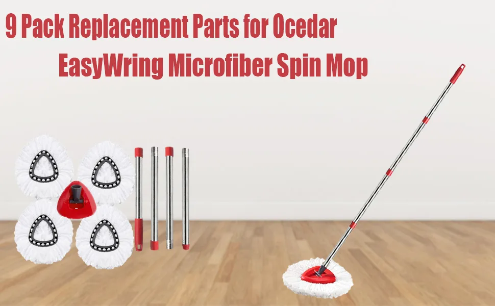 ANREKEYH Spin Mop Replace Head, Base, Handle Compatible with O Cedar EasyWring Microfiber Spin Mop, 4 Mop Refills Replacement Heads, 30-58in Mop Handle and 1 Mop Base Combo Set (White (1-Tank System)) - ANREKEYH 9 Pack Spin Mop Replacement Parts for Ocedar EasyWring Microfiber Spin Mop (1 Tank System)