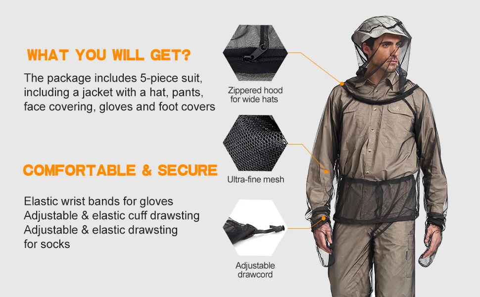 Lixada Mesh Suit with Jacket Hood,Mitts & Socks and Storage Sack for Fishing, Hiking, Camping Large - Mesh Suit