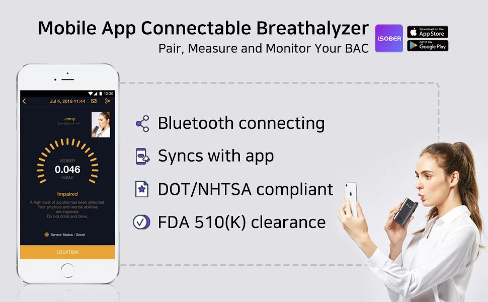 iSOBER 10 Breathalyzer | HSA/FSA Eligible | DOT, NHTSA Compliant Alcohol Tester | Suracell FuelCell Sensor Technology | The Sensor Status Check System Installed - isober10 main