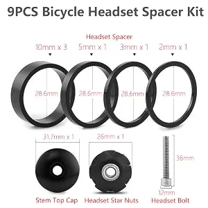 Saipe 9PCS Aluminium Alloy Bicycle Headset Spacer 1-1/8 inch 28.6mm Bicycle Front Fork Stem Spacers Kit Black - Bicycle Front Fork Stem Spacers