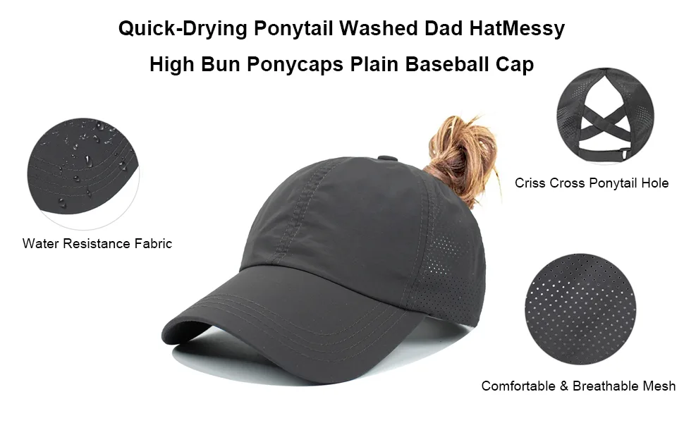 HGGE Womens Criss Cross Ponytail Baseball Cap Adjustable High Messy Bun Ponycap Quick Drying Hat Black - sun hat