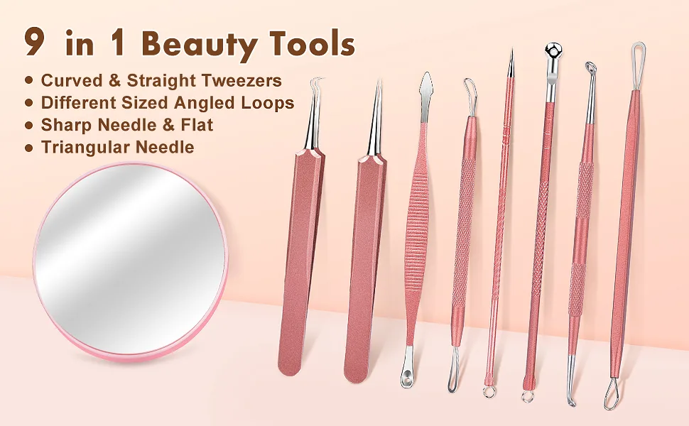 Blackhead Remover Tools, IKOCO Stainless Steel Pimple Popper Tool Kit Including 8Pcs Comedone Extractors and a 10X Blackhead Mirror, Rose Gold - Blackhead Removal Kit