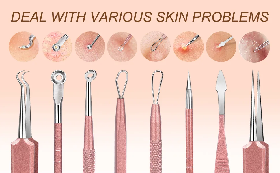 Blackhead Remover Tools, IKOCO Stainless Steel Pimple Popper Tool Kit Including 8Pcs Comedone Extractors and a 10X Blackhead Mirror, Rose Gold - blackhead remover