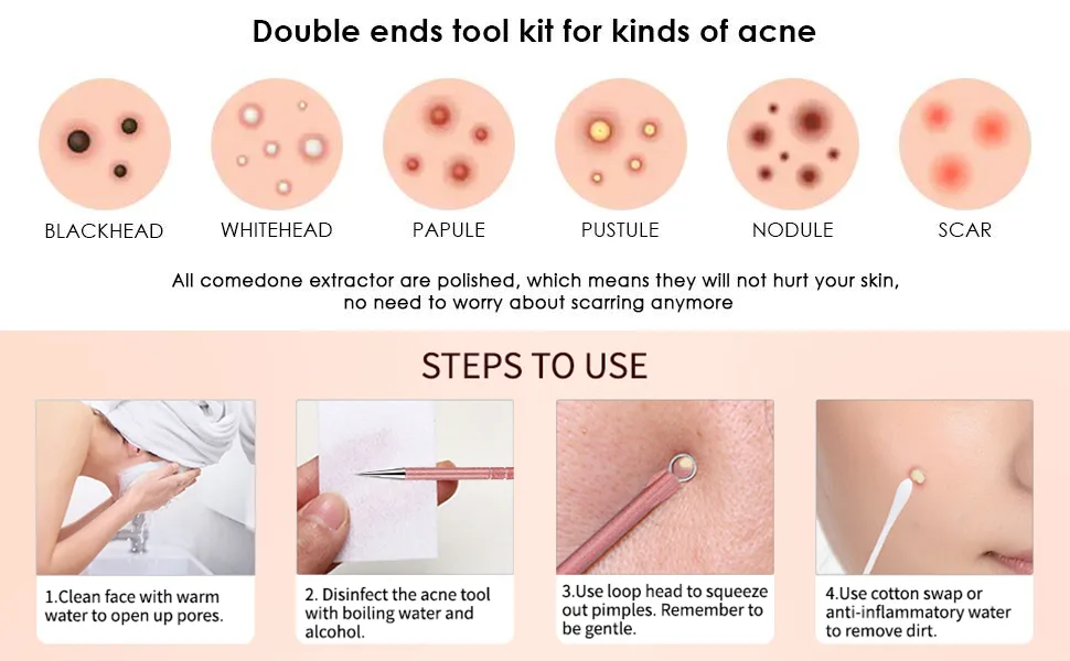 Blackhead Remover Tools, IKOCO Stainless Steel Pimple Popper Tool Kit Including 8Pcs Comedone Extractors and a 10X Blackhead Mirror, Rose Gold - blackhead remover