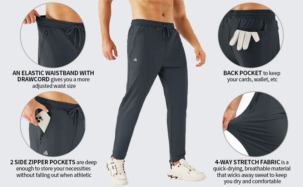 URBEST Men's Stretch Golf Pants with Zipper Pockets Slim Fit Athletic Sweatpants for Men Workout Travel Running Medium Black - pants for men