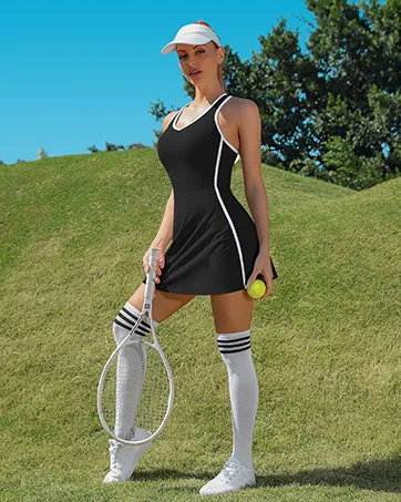 ATTRACO 2 Piece Tennis Dresses for Women Athletic Workout Dress with Shorts and Pockets #2 Black Medium - 2412