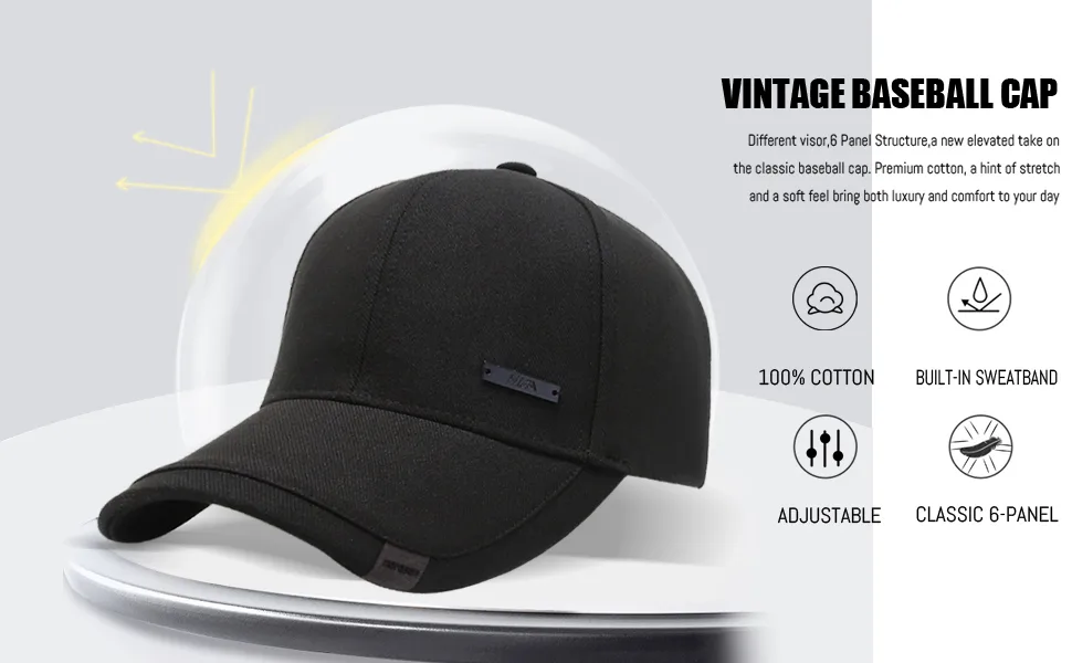 Vintage Cotton Dad Hat with Double Layer Peaks Adjustable Baseball Cap Trendy Trucker Hat for Mens Headwear Black - product information 2