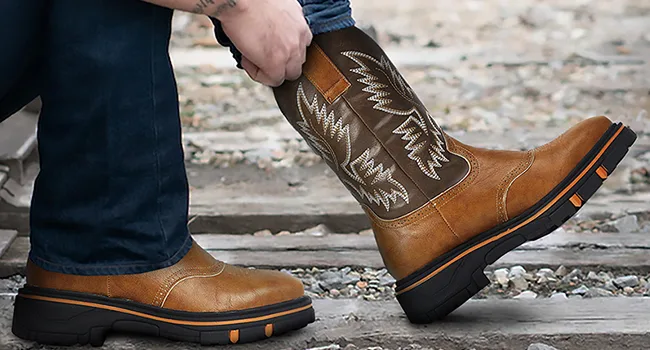RIBETRINI Western Boot for Men Durable Square Toe Pull On Chunky Heel Platform Faux Leather Mid Calf Embroidered Cowboy Work Boots 9.5 Yellow - mens boots