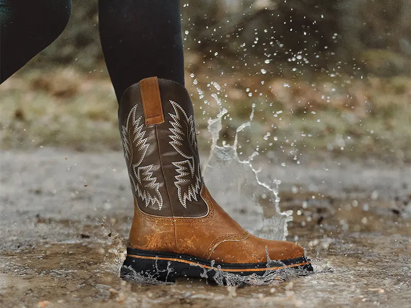 RIBETRINI Western Boot for Men Durable Square Toe Pull On Chunky Heel Platform Faux Leather Mid Calf Embroidered Cowboy Work Boots 9.5 Yellow - mens boots