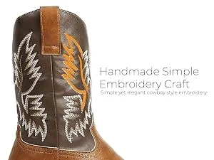 RIBETRINI Western Boot for Men Durable Square Toe Pull On Chunky Heel Platform Faux Leather Mid Calf Embroidered Cowboy Work Boots 9.5 Yellow - mens boots