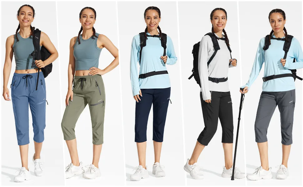 MOCOLY Women's Cargo Hiking Pants Elastic Waist Quick Dry Lightweight Outdoor Water Resistant UPF 50+ Long Pants Zipper Capri-light Grey Medium - women