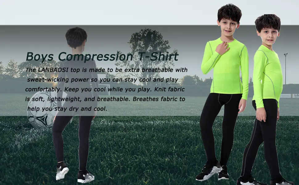 LANBAOSI Boys&Girls Long Sleeve Compression Soccer Practice T-Shirt 5 White Gray Line - boys compression shirt