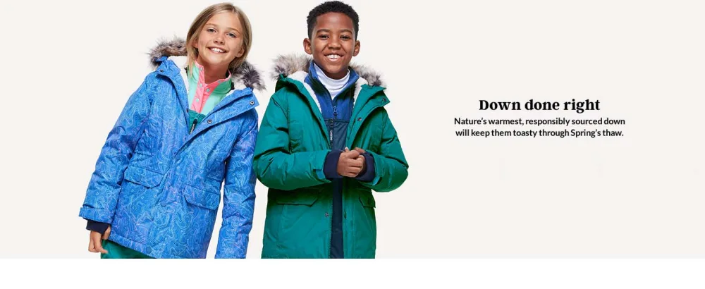 Lands' End Kids Squall Waterproof Iron Knee Bib Snow Pants 16 Cadet Gray - Two kids wearing down coats.