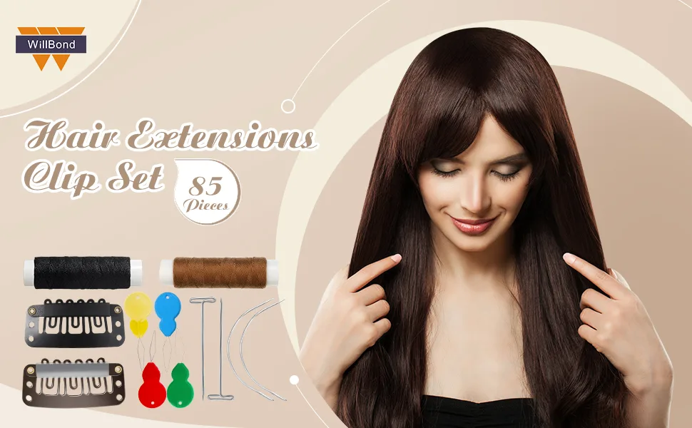 WILLBOND 85 Pieces Hair Extensions Clip Wig Making Set, Includes 50 U-Shape Snap Clips, 10 Curved Needles, 20 T-Pins, 3 Rolls Weaving Thread, 2 Needle Threader for Wig Making Hair Extensions (Black) - product information 1