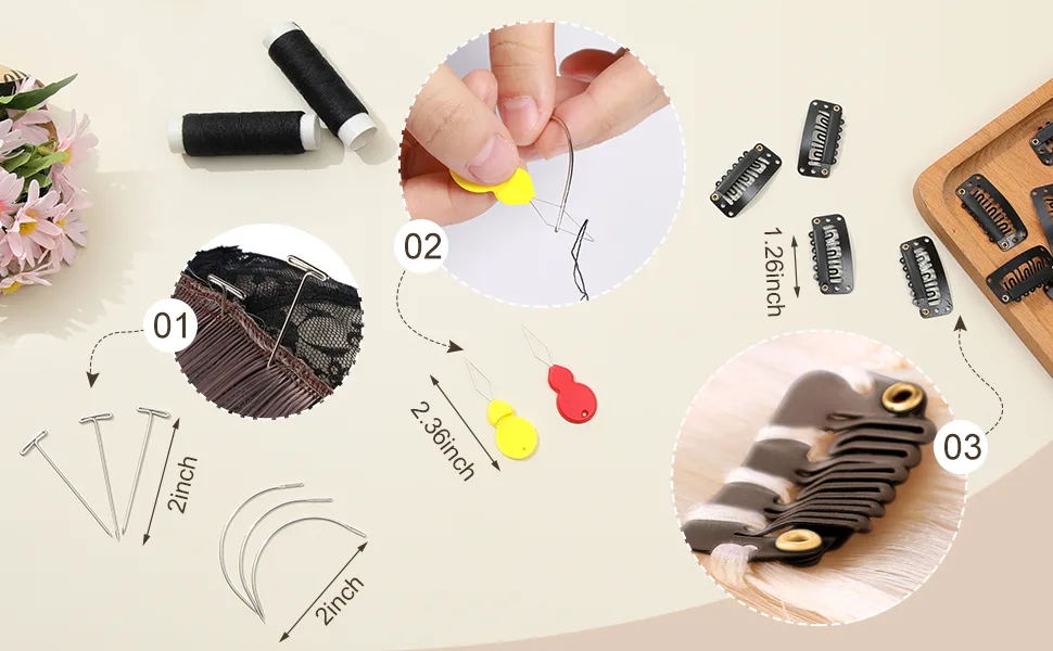 WILLBOND 85 Pieces Hair Extensions Clip Wig Making Set, Includes 50 U-Shape Snap Clips, 10 Curved Needles, 20 T-Pins, 3 Rolls Weaving Thread, 2 Needle Threader for Wig Making Hair Extensions (Black) - product information 2
