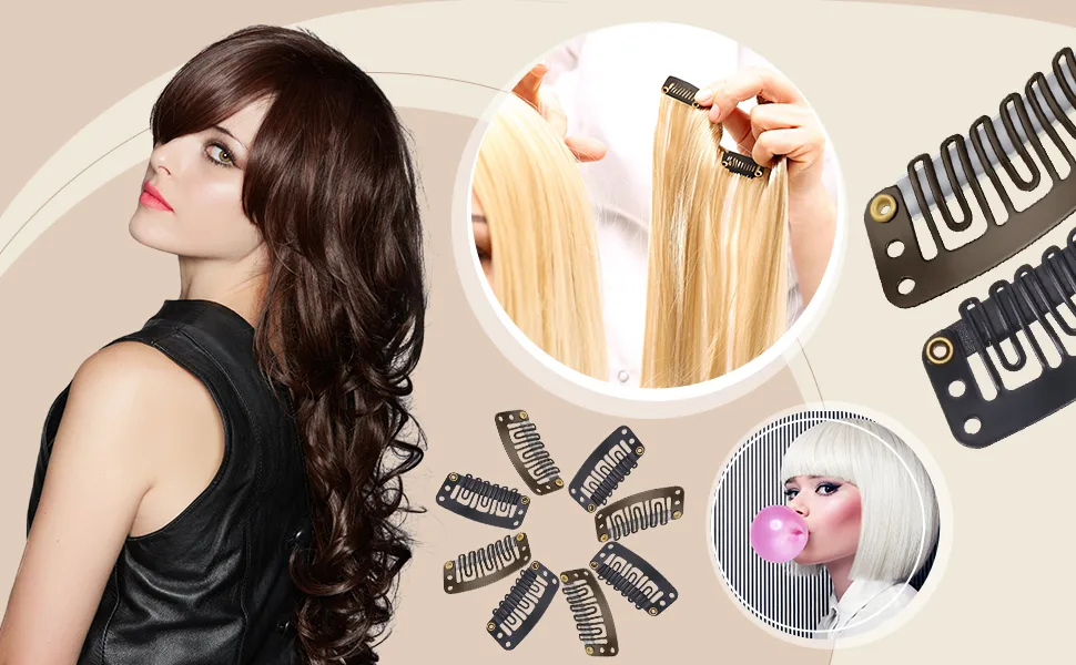 WILLBOND 85 Pieces Hair Extensions Clip Wig Making Set, Includes 50 U-Shape Snap Clips, 10 Curved Needles, 20 T-Pins, 3 Rolls Weaving Thread, 2 Needle Threader for Wig Making Hair Extensions (Black) - product information 4