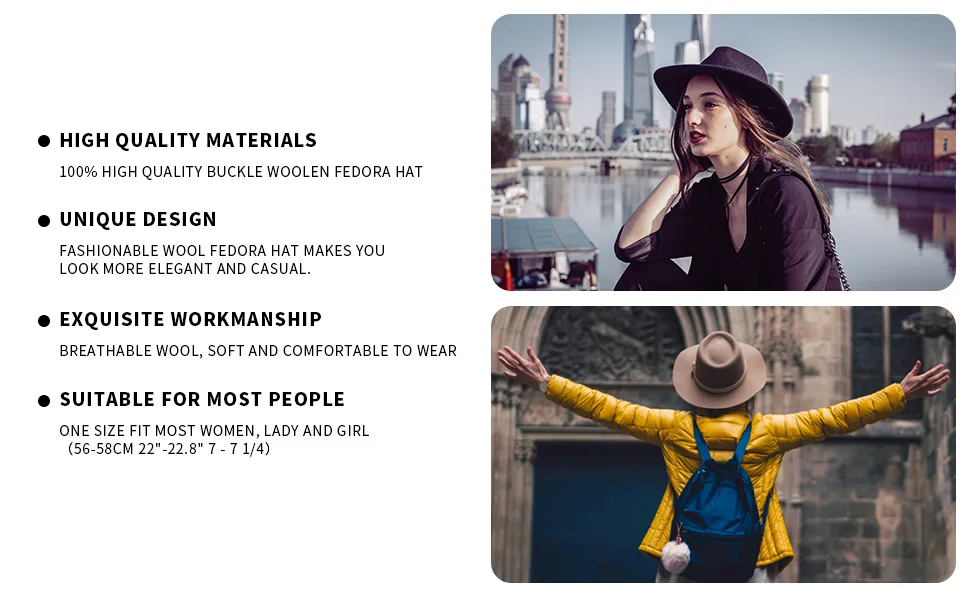 Lanzom Womens Classic Wide Brim Floppy Panama Hat Belt Buckle Wool Fedora Hat Black One Size - product information 5