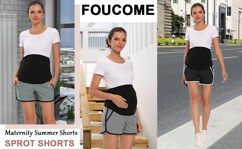 Foucome Maternity Quick-Dry Shorts Over The Belly Summer Lounge Workout Yoga Shorts with Pockets Green&grey, 5# Small - maternity overbelly shorts maternity quick-dry shorts