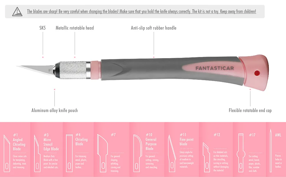 FantastiCAR Craft Knife Precision Cutter Hobby Knife Blades Set (30pcs) for Art Work, Scrapbooking, Stencil, Architecture Modeling, Wood Leather Working (Pink) - fantasticar hobby knife set