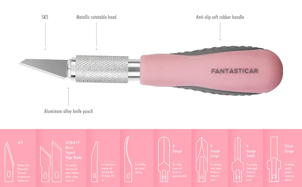 FantastiCAR Craft Knife Precision Cutter Hobby Knife Blades Set (30pcs) for Art Work, Scrapbooking, Stencil, Architecture Modeling, Wood Leather Working (Pink) - fantasticar hobby knife set