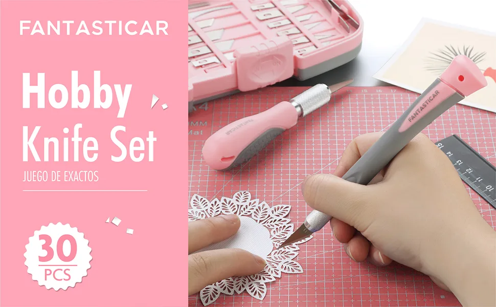 FantastiCAR Craft Knife Precision Cutter Hobby Knife Blades Set (30pcs) for Art Work, Scrapbooking, Stencil, Architecture Modeling, Wood Leather Working (Pink) - fantasticar hobby knife set