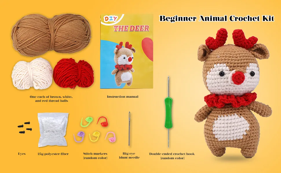SOCNITC Beginner Crochet Kit Crochet Animal Kit and Knitting Starter Kit with Instruction tutorials and Video tutorials Peasy Yarn Hook Needle Accessories for Beginners and Lovers DIY Fox - Beginner Crochet Kit