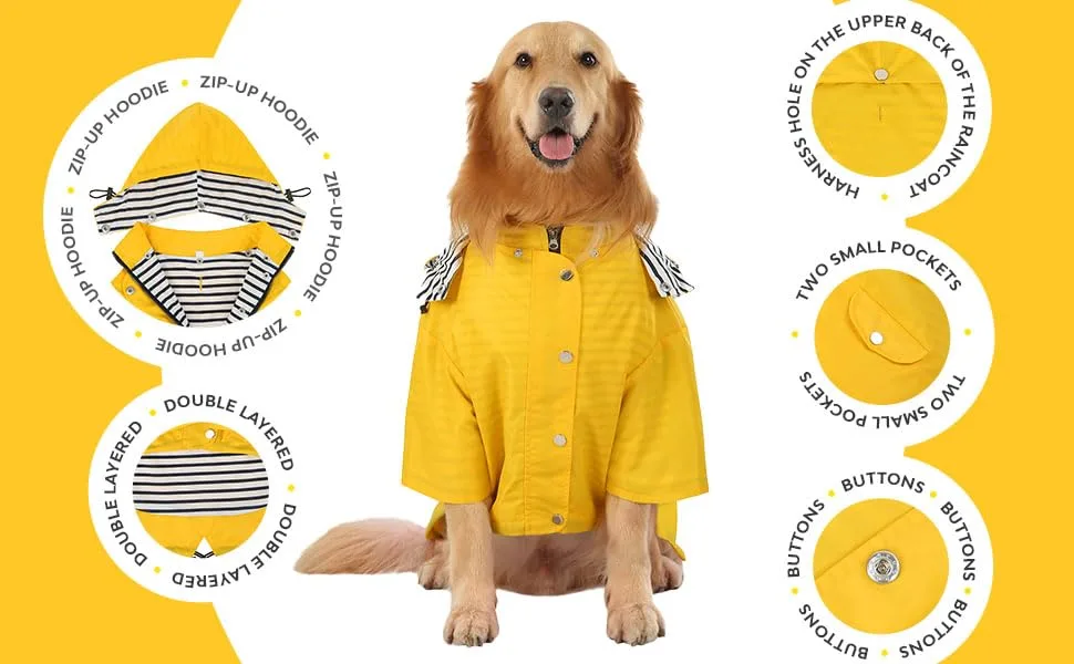 HDE Dog Raincoat Double Layer Zip Rain Jacket with Hood for Small to Large Dogs Yellow - 3XL XXX-Large Yellow - pink yellow red zip up button warm dry lightweight convenient pockets harness hole polyester pooch