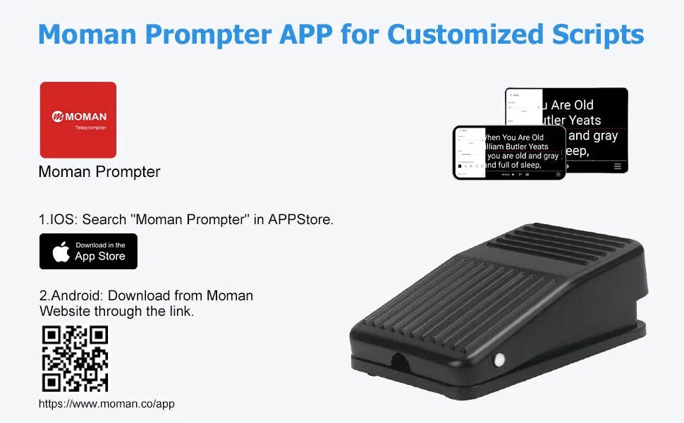 Teleprompter Remote Foot Switch, Moman FS1 Foot-operated Remote Control for Moman Prompter and other Prompters, Bluetooth Remote Wireless with APPMomanPrompterfor iphone/Ipad/Smartphone/IOS/Android - APP Instruction