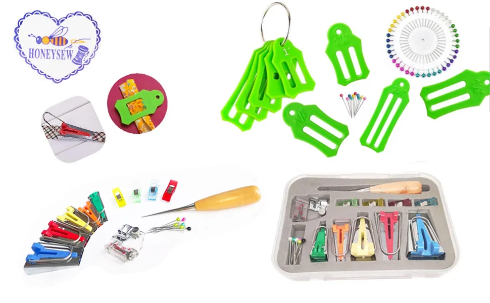 HONEYSEW Single Double Fold Bias Tape Maker Tool Kit Set Fabric Jelly Roll Sasher Tool Set Tools Folding Fabric and Biasing Strips 15sizes - bias tape maker set