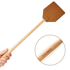 SAMEBUTECO Heavy Duty Leather Fly Swatter Brown Leather with Beech Wood Long Handle for Indoor and Outdoor 19.7 - Ergnomic wood handle