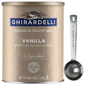 Ghirardelli Vanilla Premium Frappe Mix 3 lb Can with Ghirardelli Stamped Barista Spoon - product square