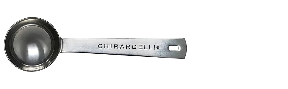 Ghirardelli Vanilla Premium Frappe Mix 3 lb Can with Ghirardelli Stamped Barista Spoon - spoon banner