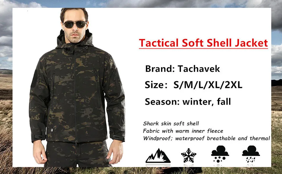 TACHAVEK Men's Tactical Soft Shell Jacket Waterproof Winter Snow Ski Jacket Military Fleece Hooded Black XX-Large - 970--