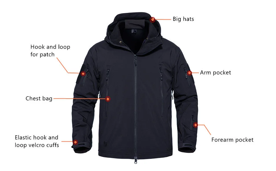 TACHAVEK Men's Tactical Soft Shell Jacket Waterproof Winter Snow Ski Jacket Military Fleece Hooded Black XX-Large - 970-