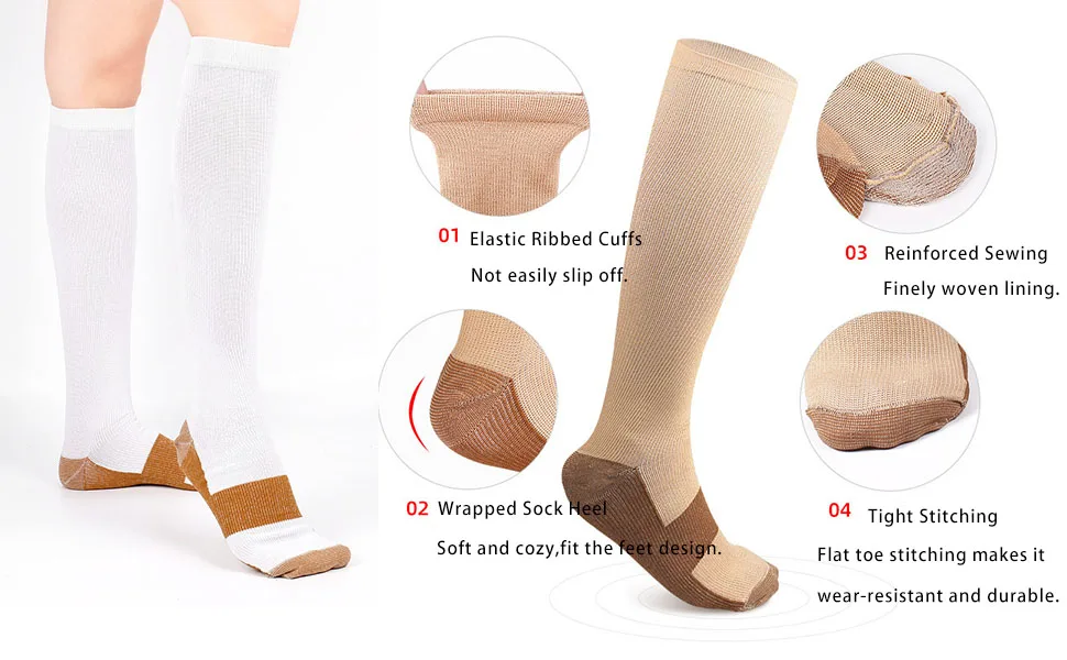 sainberth 4 Pairs Copper Compression Socks Men Women Circulation 15-20mmHg Compression Stocking Athletic Support Socks 8-14 Black - Detail Display