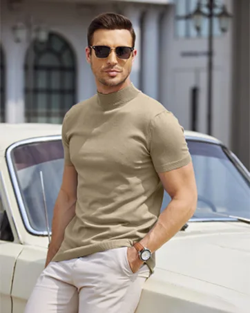 COOFANDY Mens Mock Turtleneck Sweater Short Sleeve Solid Color T-Shirts Basic Slim Fit Knitted Pullover Tees Black X-Large - COOFANDY Mens Mock Turtleneck Short Sleeve Knitted Pullover Sweater