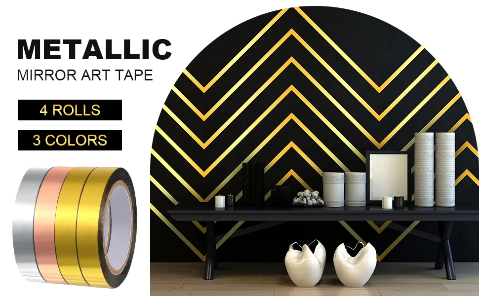 Outus Graphic Tape Metallic Mirror Tape DIY Graphic Tape Metallic Mirror Wrapping for Crafts Decoration, 3/8 Inch x 22 Yards (4 Rolls,Gold) 4 Gold - product information 6