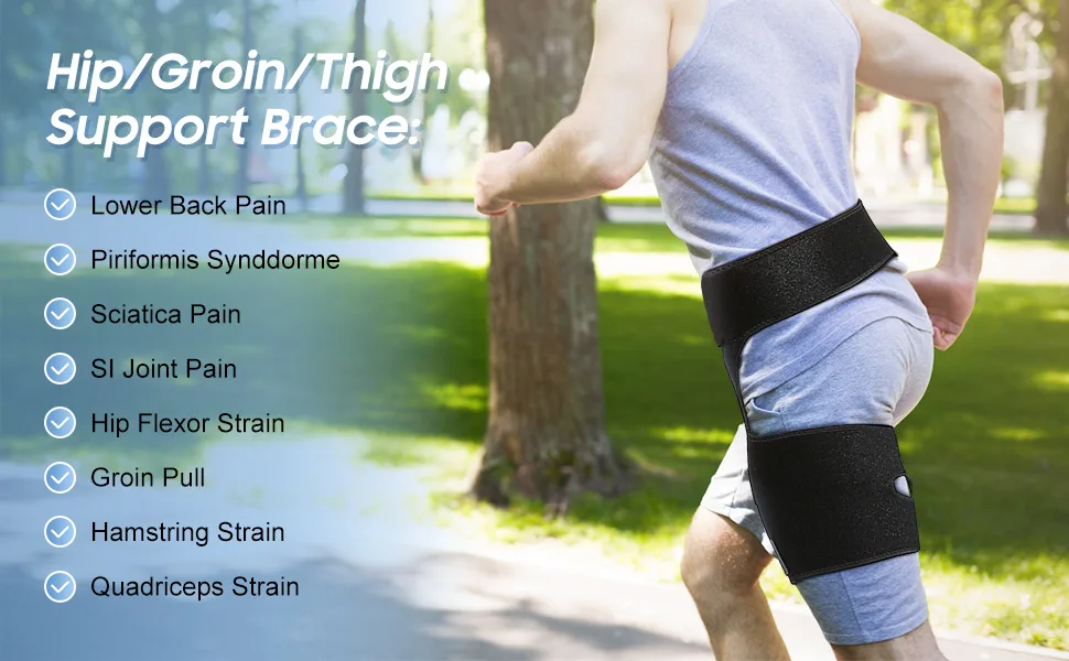 Hip Support, Adjustable Groin Wrap Neoprene Hip Brace Thigh Compression Sleeve for Pulled Muscles Hip Strap Sciatica Brace for Men, Women, Non Slip Design - thigh brace