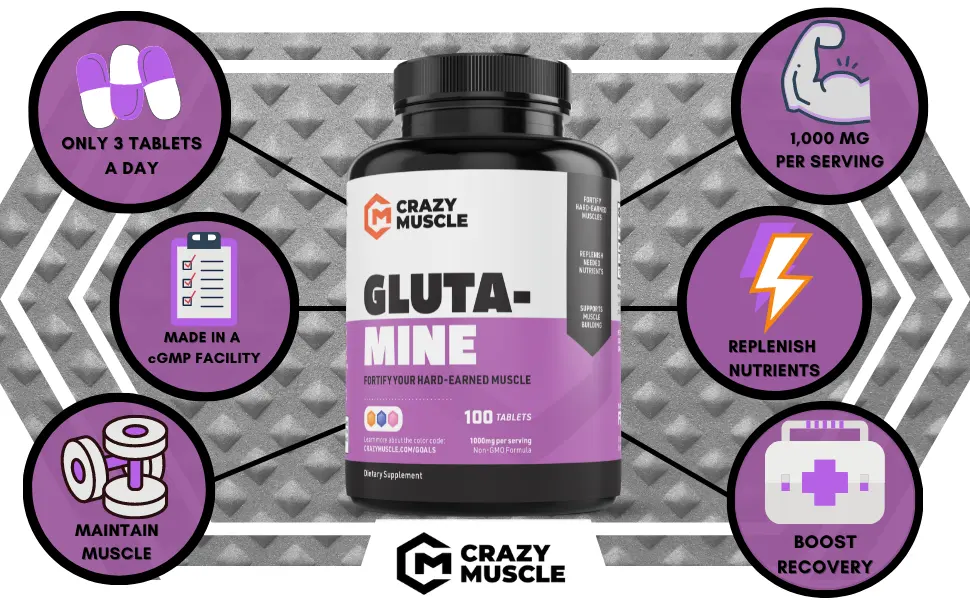 Crazy Muscle Keto Friendly L Glutamine Capsules 1000mg, Post Workout Supplement to Increase Recovery, Decrease Delayed Onset Muscle Soreness, Reinforce Strength Gains & Heal Leaky Gut (100 Pills) - Glutamine details