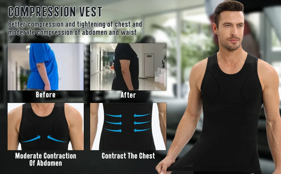 PODFAN Gynecomastia Mens Compression Shirt, Slimming Tank Top, Men Body Shaper Vest, Tummy Control Undershirts Large Black+white - Shaping effect