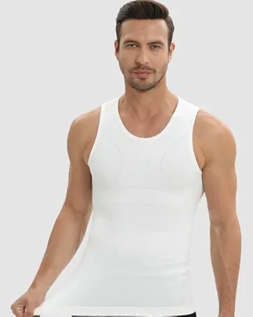 PODFAN Gynecomastia Mens Compression Shirt, Slimming Tank Top, Men Body Shaper Vest, Tummy Control Undershirts Large Black+white - Very Elastic
