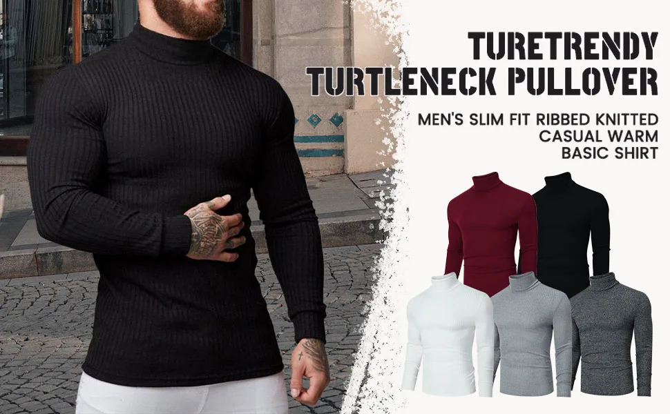 TURETRENDY Men's Stretch Muscle Tshirts Turtleneck Long Sleeve Knit Tees Casual Slim Fit Basic Shirt Tops Small White - product information 17