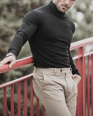 TURETRENDY Men's Stretch Muscle Tshirts Turtleneck Long Sleeve Knit Tees Casual Slim Fit Basic Shirt Tops Small White - Mens turtleneck
