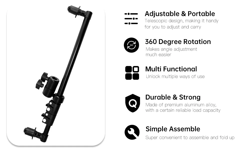 BEIYANG Reflector Holder for Photography, Multi Functional Reflector Holder Arm, Extendable Background Crossbar for Studio & Outdoor Photography, 360 Degree Rotation Telescopic Design - product information 2