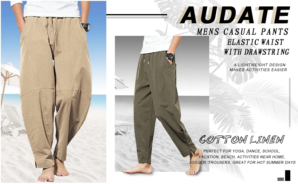 AUDATE Men's Cotton Linen Pants Summer Beach Pant Casual Solid Drawstring Yoga Pants Trousers Light Gray Medium - product information 2