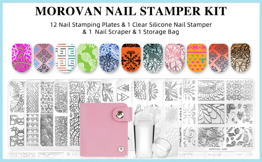 Morovan Nail Stamper Kit 12pcs Nail Stamping Plate 1 Clear Silicone Nail Stamper 2 Nail Scraper 1 Storage Bag Nail Art Stamper Nail Design Tools - nail stamper