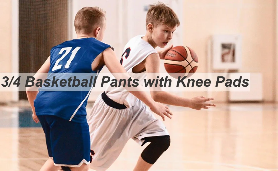 DEVOROPA Youth Boys' Compression Pants with Knee Pads 3/4 Basketball Athletic Tights Quick Dry Sports Workout Leggings Black-update Large - Boys Basketball Pants